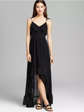 Guess Black Ruffle High-Low Maxi Dress with Tie Straps